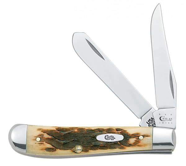 Case 00013 Mini Trapper 2.70"/2.75" Folding Clip Point/Spey Plain Mirror Polished Tru-Sharp SS Blade/ Peach Seed Jigged Amber Bone Handle