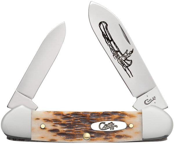 Case 00263 Canoe 2.60"/1.97" Folding Spear/Pen Plain Mirror Polished Chrome Vanadium Steel Blade/Peach Seed Jigged Amber Bone Handle